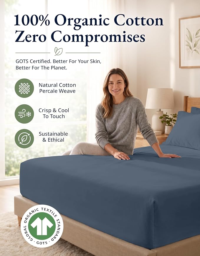 LANE LINEN King Size Fitted Sheet, 100% Organic Cotton, 3-Piece Set (1 Fitted Sheet,2 Pillowcases), Percale Weave, Ultra Soft, Breathable,Fits Mattress Upto 15" Deep - Estate Blue (No Flat Sheet)
