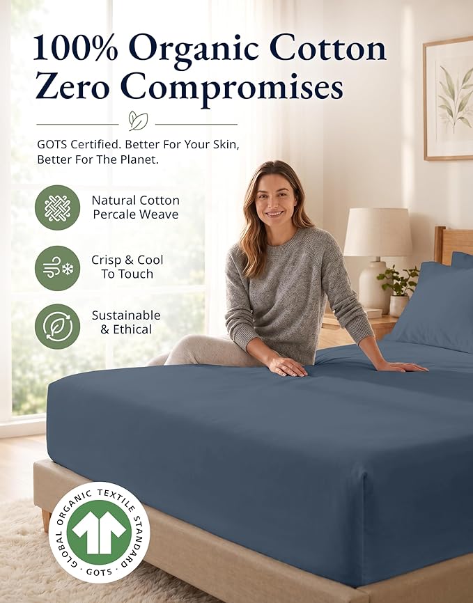 LANE LINEN 100% Organic Queen Size Fitted Sheet(+Pillowcases), Soft & Comfy Fully Elasticized Naturaly Temperature Regulating for Hot Sleepers Deep Pocket Fits Mattress Upto 15"- Estate Blue