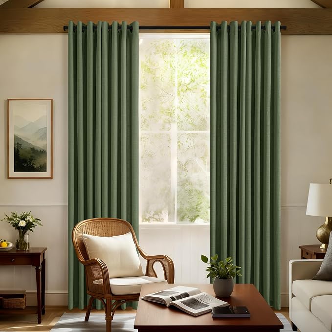 Olive Green Linen Curtains 86 Inch Long 2 Panels Set for Bedroom Dining Room Grommet Semi Sheer Thick Flax Linen Drapes Boho Farmhouse Elegant Moss Green 86 Inch Curtains for Living Room 52x86