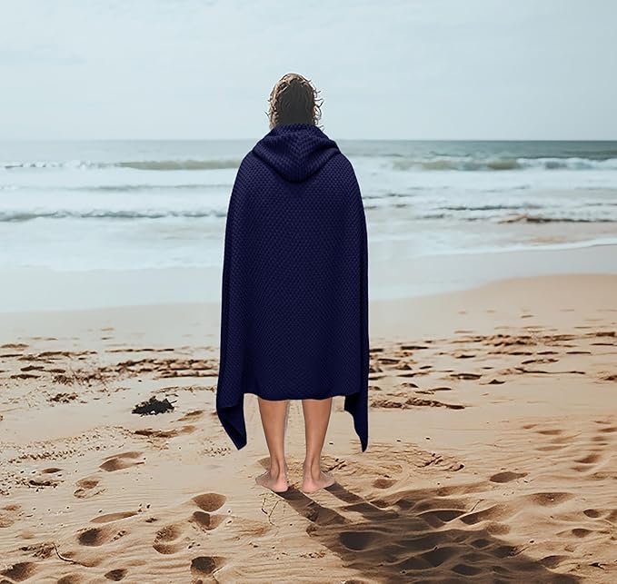 COTTON CRAFT Hooded Bath Towel – Oversized 35 x 70 Waffle Weave Towel with Hood for Adults - 100% Ringspun Cotton Pool Bath Sheet Wrap with Hood - Soft Super Absorbent Quick Dry – 450 GSM – Navy