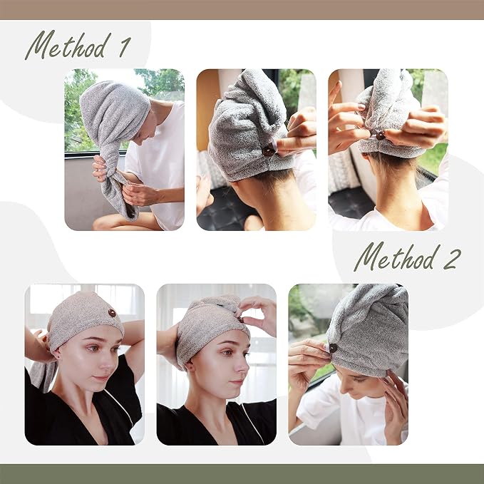myHomeBody Hair Towel Wrap, Quick Drying Turban, Absorbent Cap – 2 Pack | Hair Turban Towel for wet hair, Ultra Soft Charcoal Fiber Cap, Towel Head Wrap for bathing with Coconut Shell Button