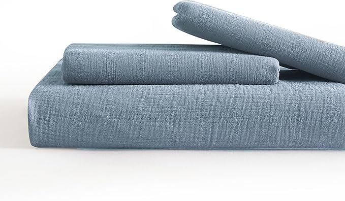 SE SOFTEXLY Muslin Duvet Cover Queen Size, 100% Washed Cotton Duvet Cover Set, Ultra Soft Comforter Cover Linen Like, 3 Pieces Minimalist Gauze Duvet Cover with 2 Pillowcases, 90"x90", Blue