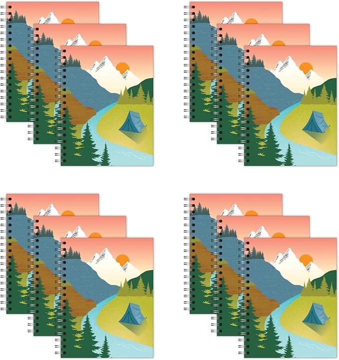 New Leaf Paper Small Spiral Bound Designer Notebooks, Bulk Pack of 12, Camping Design, 9.75" x 7.5" 70 Sheets, 100% Recycled College Ruled Pages, Vegan, Made in USA