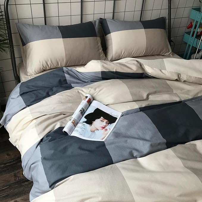mixinni Full Size Checkered Duvet Cover Set - 3 Piece Grey Geometric Cotton Bedding Set with Zipper Closure & Corner Ties, 100% Washed Cotton Soft Breathable Duvet Cover for Men, Women, Teens (Full)