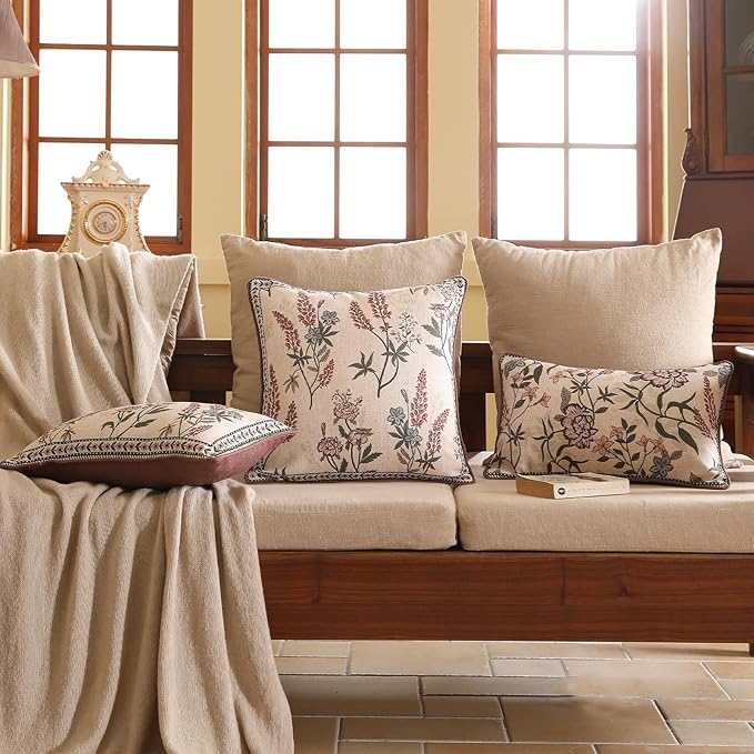 ISAENNE Design Linen Vintage Throw Pillow Covers 18"x18" Pack of 2, Square Cushion Covers with Blue Pink Flowers Green Leaves Pattern Decoration Pillowcases for Bed,Living Room,Outdoor,Car
