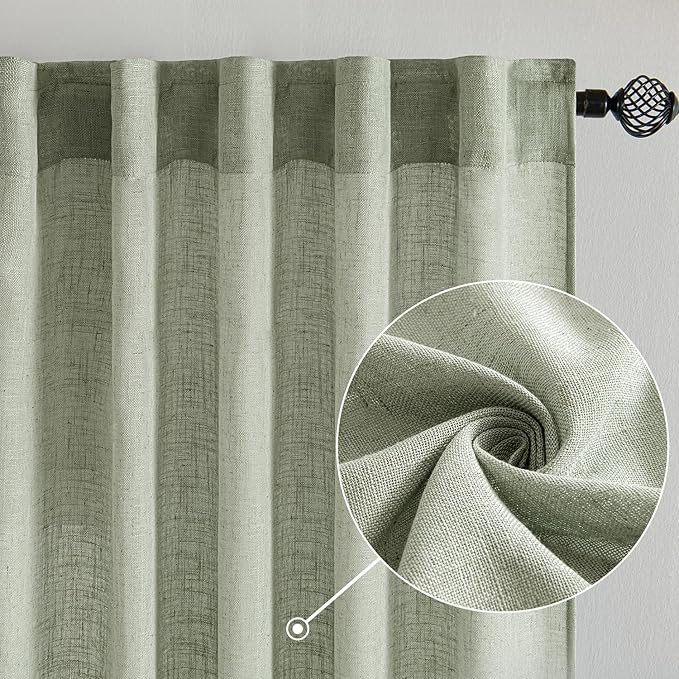 MIULEE Sage Linen Curtains 108 Inch Length 2 Panels for Bedroom Living Room,Green Soft Thick Linen Textured Window Drapes Semi Sheer Light Filtering Back Tab Rod Pocket Burlap Look Decor