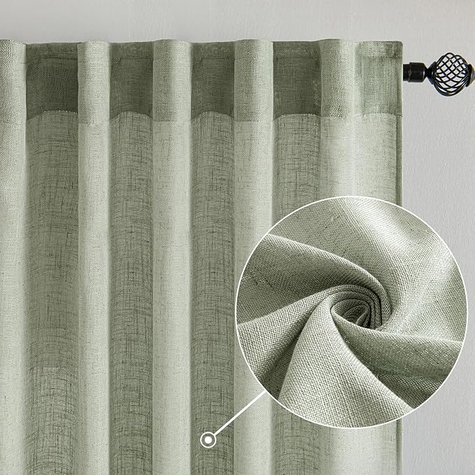 MIULEE Sage Linen Curtains 63 Inch Length 2 Panels for Bedroom Living Room,Green Soft Thick Linen Textured Kitchen Window Drapes Semi Sheer Light Filtering Back Tab Rod Pocket Burlap Look Decor