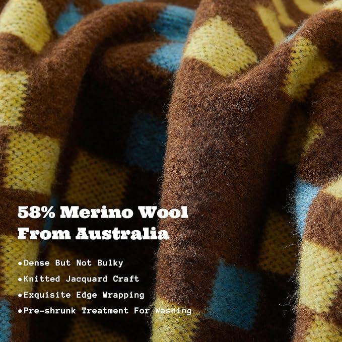ACUSHLA Merino Wool Blanket - Soft Warm Thick Washable Large Throw Blanket for Camping Bed Couch Outdoor Travel All Weather, Mosaic Plaid Brown 79X63
