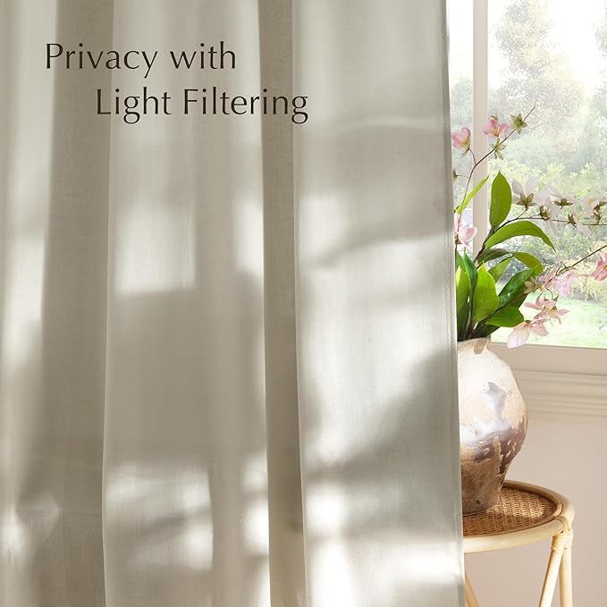 NICETOWN Linen Blend Bone White Curtains 96 inches Long, Rod Pocket & Back Tab Light Filtering Semi Sheer Window Treatments Privacy Added Drapes for Bedroom, W55 x L96, 2 Panels