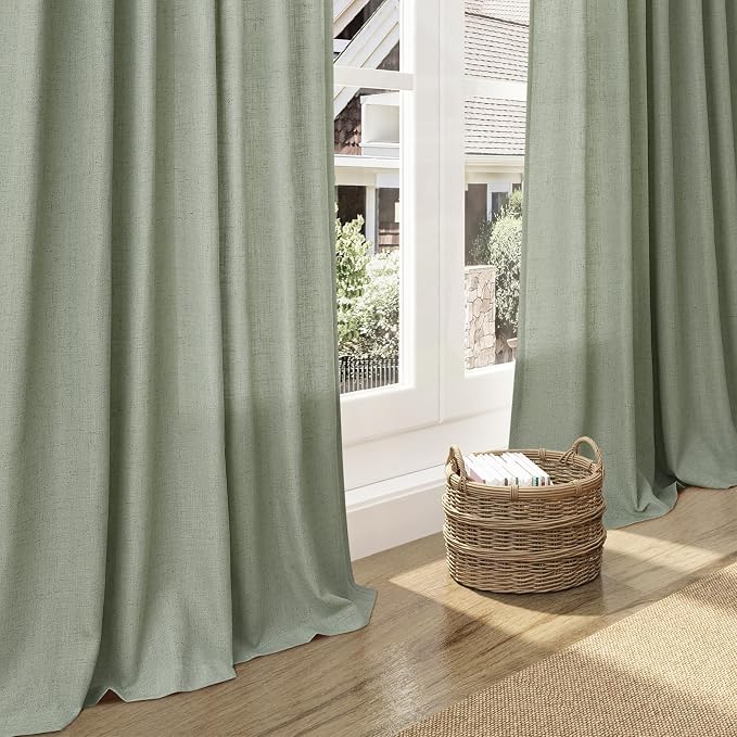 Desert Sage Linen Curtains 90 Inch Long 2 Panels Set for Bedroom Living Room Linen Textured Window Drapes Semi Sheer Light Filtering Rod Pocket Back Tab Cotton Textured Farmhouse Curtain 52x90