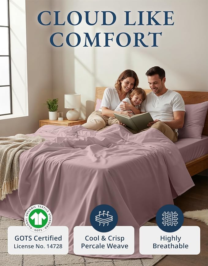 LANE LINEN Twin Sheet Set 100% Organic Cotton 3pc Percale Cooling - Lilac | Twin Sheet Set, GOTS Certified Organic Cotton Percale - Great For Gifting, Easy-Care Machine Washable, For Hot Sleepers