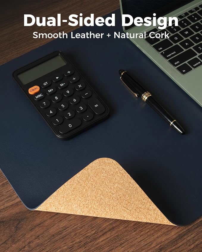 Aothia Dual-Sided Desk Mat, FSC Cork & PU Leather Desk Pad, Large Mouse Pad & Writing Surface for Compact Workspace, Non-Slip Waterproof Desk Protector - 25.6" x 13.7", Dark Blue