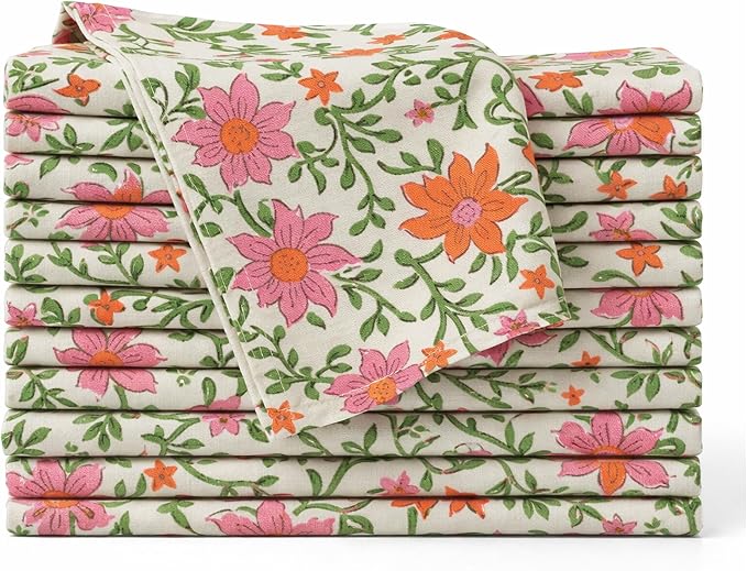Floral Cloth Napkins Set of 12, 100% Cotton Reusable Dinner Napkins, Block Print Inspired, 18 x 18 Inch Table & Kitchen Napkins for Everyday Dining & Entertaining, Cream Floral