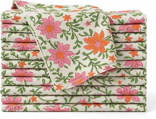 Floral Cloth Napkins Set of 12, 100% Cotton Reusable Dinner Napkins, Block Print Inspired, 18 x 18 Inch Table & Kitchen Napkins for Everyday Dining & Entertaining, Cream Floral