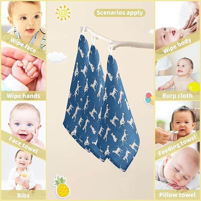 Baby Dalmatian Dogs Muslin Washcloths 3 Pack - Muslin Burp Cloths Hanky Large 11.8"X11.8" Extra Soft Absorbent Baby Burp Rags for Newborn 100% Cotton for Boys Girls Gift