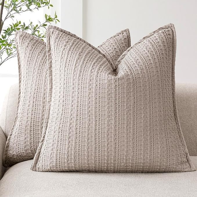 Foindtower Set of 2 Decorative Cotton Waffle Weave Throw Pillow Covers Euro Shams Cushion Covers Accent European Pillowcase for Bed Couch Sofa Bedroom Living Room Home Decor 26×26 Inch Tan Beige
