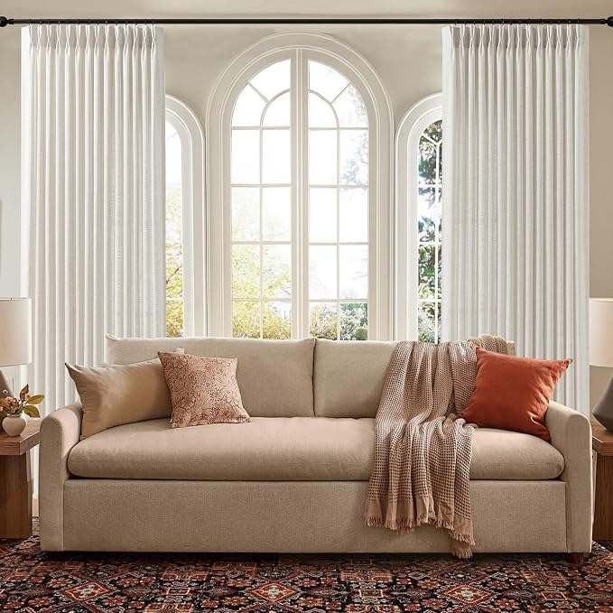 70 Inch Extra Width Pinch Pleated Curtains, Memory Trained Pleated Linen Sheer Curtain Light Filtering Privacy Hooks Rings Back Tab Drapes for Living Room Sliding Door, 1 Panel, 70x96, Natural