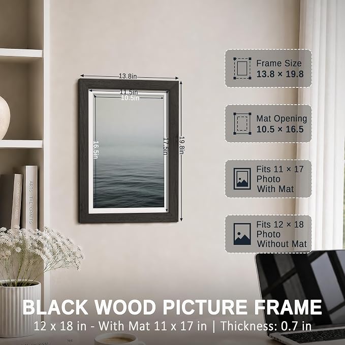 VCK 12x18 Picture Frames Black 3 Pack, Wide Border Solid Wood, Tempered Glass, Display 11x17 Photo with Mat or 12 x 18 without, for Home, Office, Gallery, Woodgrain Series, Wall Hanging