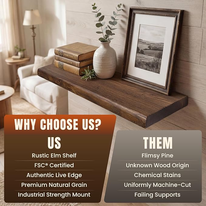 32" Live Edge Floating Shelves, Solid Elm Wood Shelf, Set of 2 | 1.4"Extra Thick, 9.3" Deep Heavy Duty Storage, Vintage Finish for Kitchen & Living Room