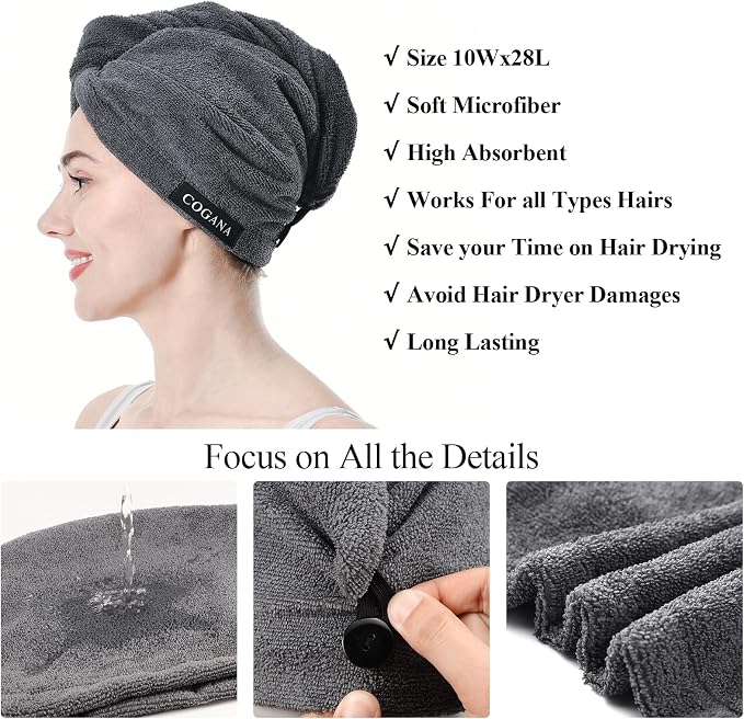 3Pack Grey Microfiber Hair Towel, Hair Towel Wrap for Women, Hair Drying Towel with Button, Hair Wrap Towel for Curly Hair, Hair Turban for Wet Hair (Grey 3 Pack, 10Wx28L)