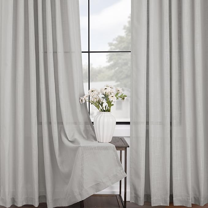 Linen Blend Grey Curtains for Living Room Back Tab Modern Farmhouse Semi Sheer Light Gray Curtains 72 inches Long 2 Panels Set Muted Neutral Cotton Texture Window Curtain for Dining Room Bedroom