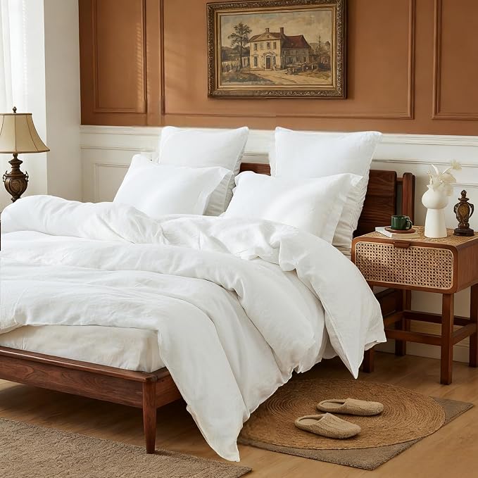 Simple&Opulence 100% Linen Duvet Cover Set, 3 PCS Natural French Flax White Duvet Cover California King Size, Breathable Soft Comfy Linen Bedding Comforter Cover with 2 Pillowcases(White, 104"x98")