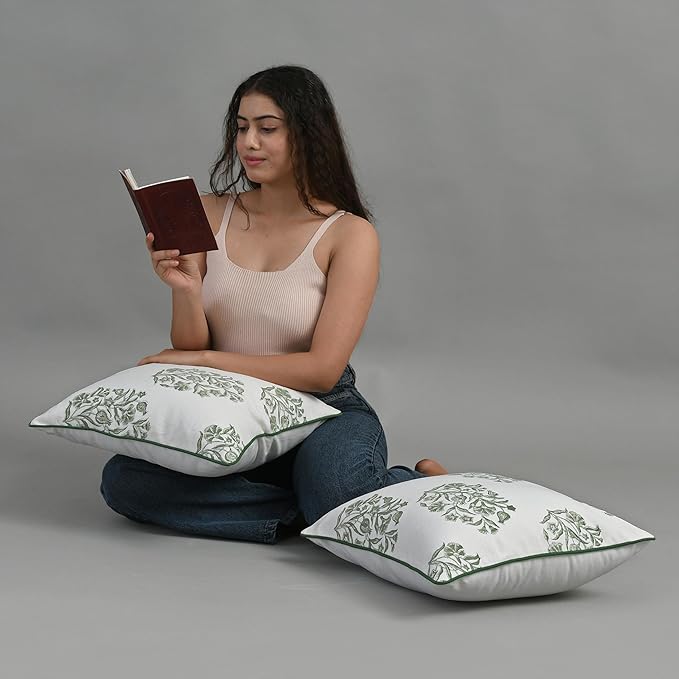 CPC Sage Green Block Print Throw Cushion Cover 24 x 24 Inch Set 2 - Decorative Boho Floral Pillow Case for Living Room, Bed, Sofa, Couch, Home Decor Cushion Cover Gift for Spring, Mother's Day