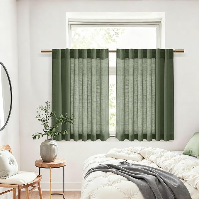 Nanspring Olive Green Linen Curtains 24 Inch Length for Kitchen Small Windows Light Filtering Panels Back Tab and Rod Pocket Drapes for Cafe/Small Curtains, 30 x 24 Inch,2 Panels