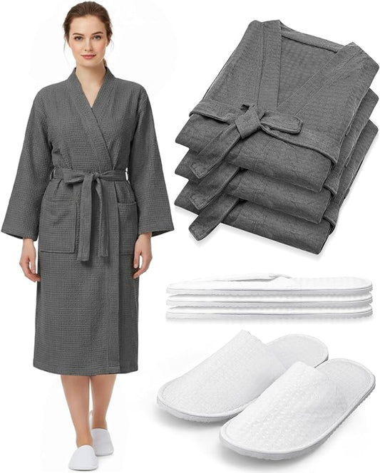 Jecery Waffle Bathrobe and Slippers Bulk Set Spa Robes Hotel Bath Lightweight Thin Commercial Soft for House Shower Party