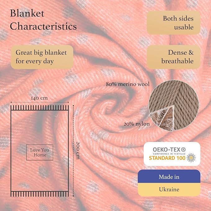 LYHome Merino Wool Blanket - Warm Throw for Cold Weather, Warmest Travel Outdoor Camping Blankets, Picnic Army and Military Throws, Comforter Soft & Cozy (55" x 79" Red with White Raindeers)