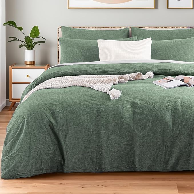 NEXHOME PRO Duvet Cover Full 100% Washed Cotton, Organic Natural Linen Like Textured, Breathable, Durable, Home Bedding Set, Heathered Green 8090
