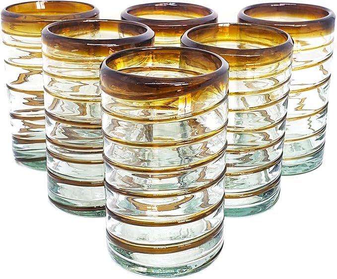 Amber Spiral 120 oz Pitcher and 6 Drinking Glasses set, Recycled Glass, Lead-free, Toxin-Free (Pitcher & Glasses)