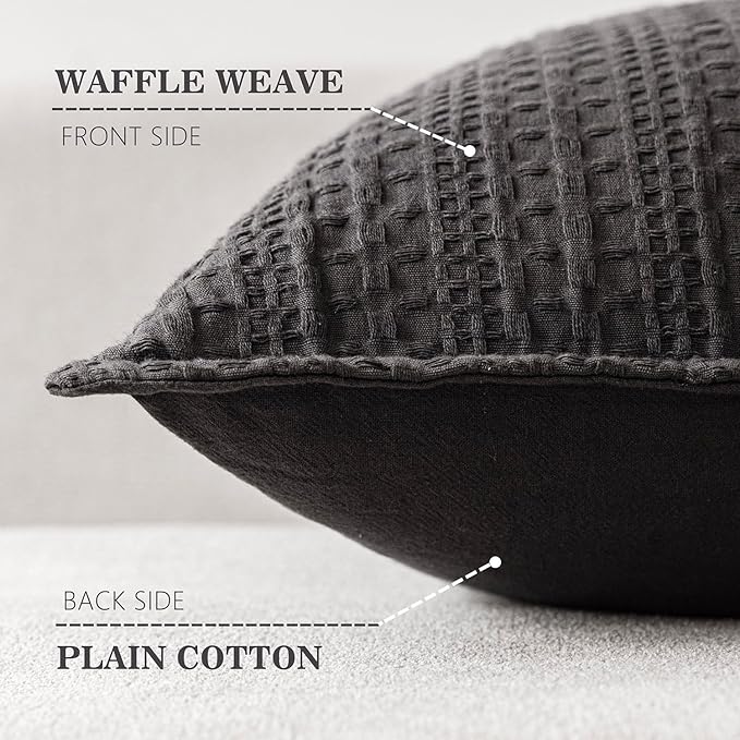 Foindtower Set of 2 Decorative Cotton Waffle Weave Throw Pillow Covers Euro Shams Cushion Covers Accent European Pillowcase for Bed Couch Sofa Bedroom Living Room Home Decor 18×18 Inch Dark Grey