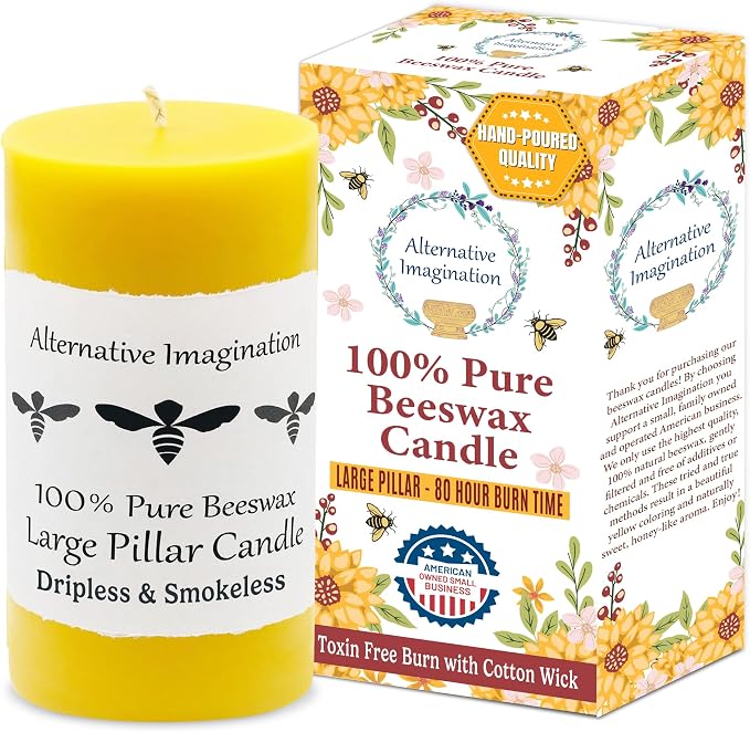100% Pure Beeswax Candle – Long Lasting Burn – Non-Toxic & Hypoallergenic – Natural Honey Aroma – Handcrafted – Sustainably Sourced – Alternative Imagination – 3x6 Inch – Natural Yellow
