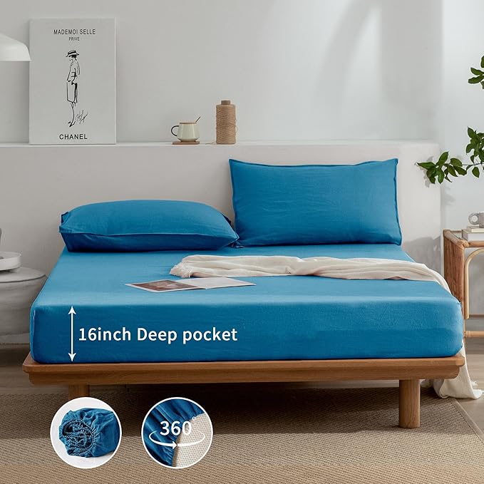 EVERLY Linen California King Size Sheets Set, 100% Stonewashed French Linen Bed Sheets Deep Pocket Sheets, 4 Pieces (1 Flat Sheet, 1 Fitted Sheet, 2 Pillowcases) Natural Flax Bedding Set-Blue