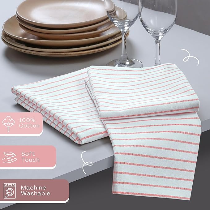 Orange Stripe Fabric Napkins (Set of 6), Large 18 x 18 Inches, 100% Cotton, Machine Washable, Classic Striped Cloth Napkin for Dinner, Lunch, Parties, Celebrations, Everyday Use