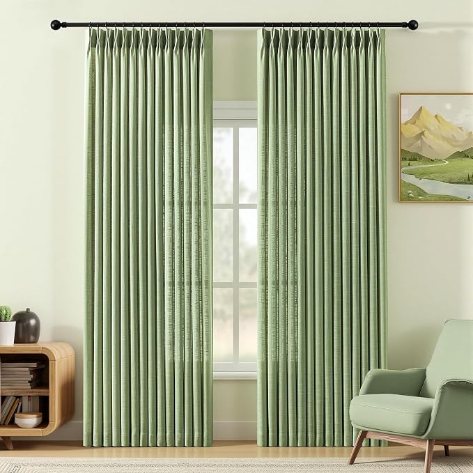 Sage Green Pinch Pleated Curtains 90 Inch Length 2 Panels for Living Room, Light Filtering Semi Sheer Pleated Curtain with Rings Memory Trained Modern Back Tab Drapes for Bedroom Office, 40x90