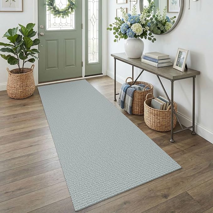 EARTHALL Washable Runner Rug 3x7 Ft Non Slip Runners for Hallways Wide Cotton Rubber Backed Kitchen Runner Braided Indoor Floor Carpet Runners for Entryway, Hallway, Kitchen, Bedroom, Turquoise/Gray