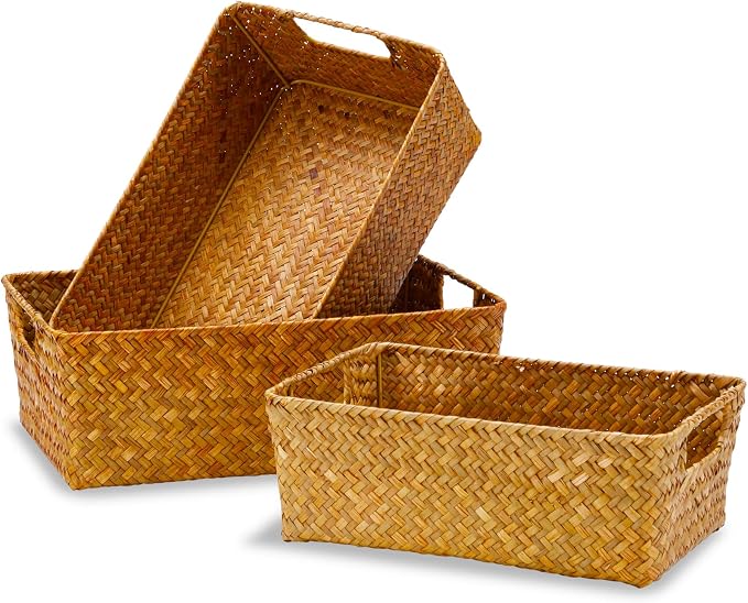 Seagrass Storage Basket with Handles, Stackable Woven Baskets Bins Container for Organizing Shelves Bedroom Living Room, Set of 3, Natural