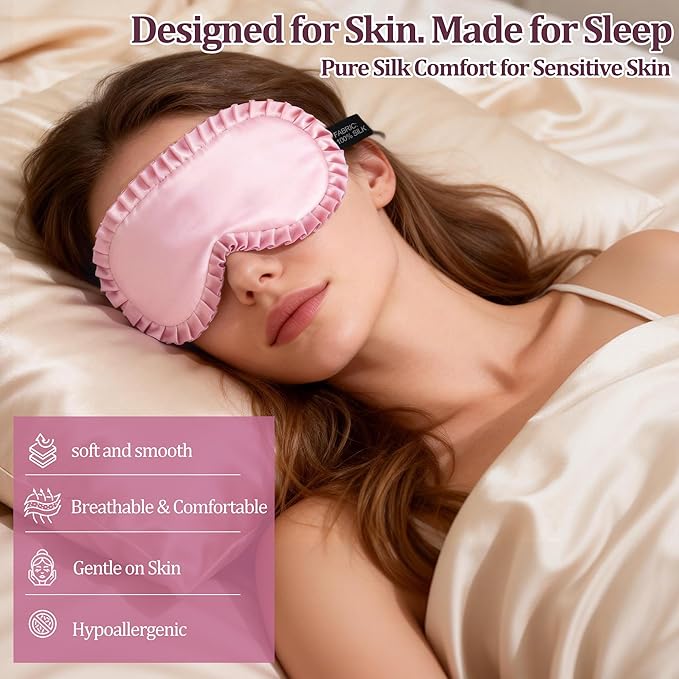 Silk Sleep Mask for Women, 100% Mulberry Silk Eye Mask, All-Silk Filled, Adjustable Elastic Strap with Elegant Wave Trim, Blackout Soft Eye Cover, Travel & Gift (Pink)