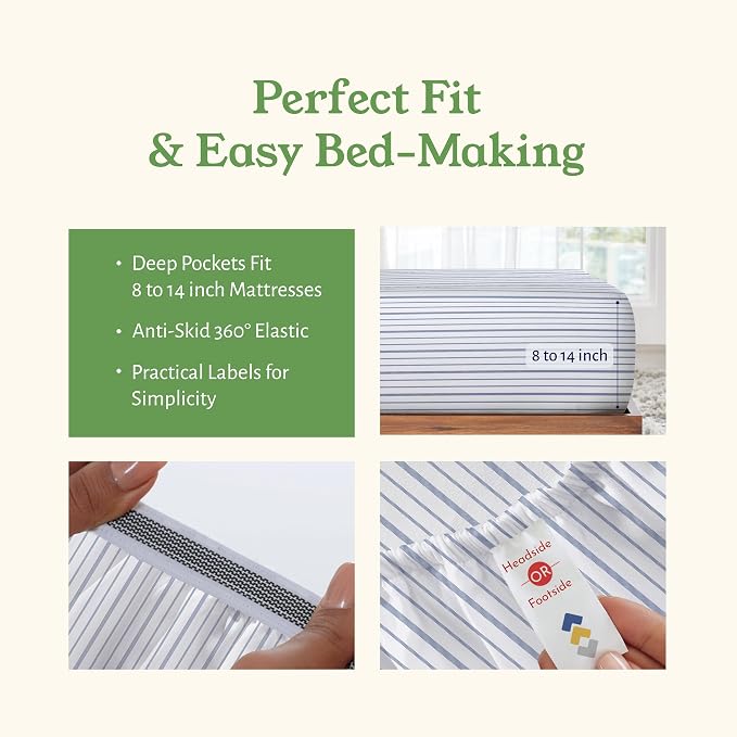California Design Den Blue Stripe Sheets, 100% Organic Cotton Percale Sheets, Deep Pocket Twin XL Sheets & Pillowcase Set - Blue Stripe
