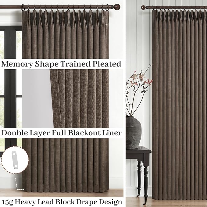 Natural Linen Dark Brown 92 Inch Curtains 2 Panels Set for Office, Blackout Memory Trained Pinch Pleated Noise Blocking Country Curtain with Hooks & Rings Kids Room 90-92 Inches Long Windows Drapes