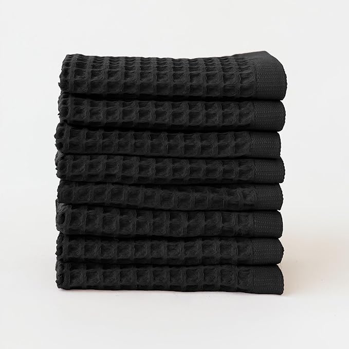Waffle Washcloths Set of 8 Black - Premium Quality 100% Turkish Cotton Face Washcloth, Soft Makeup Towel, Shower Cloth, Kitchen Towel (Black, Set of 8 Washcloths)