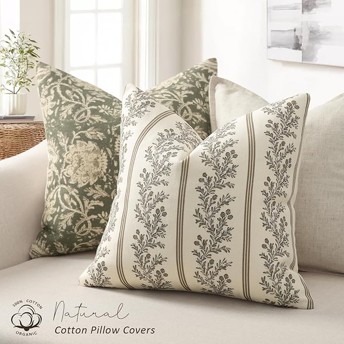 Vintage Throw Pillow Covers 18x18 Set of 2, Striped Floral Pillow Cover Botanical Patterned Decorative Cushion Covers Modern Farmhouse Home Decor for Sofa Couch Bed Living Room, Chocolate
