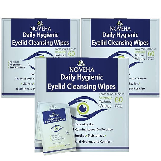 NOVEHA 180Pcs Daily Hygienic Eyelid & Lash Wipes | 120 Individually Wrapped Cleansing Eyelash Wipes - For Blepharitis & Itchy Eyes, Demodex and Natural Makeup Remover & Daily Cleanser (3 Pack)