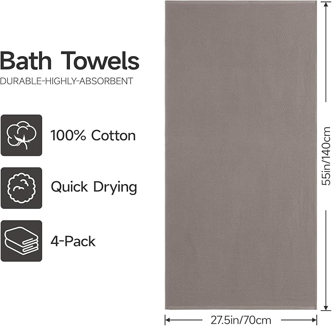 REDKISS 100% Cotton Waffle Weave Bath Towels 4 Pack - 27.5x55 Inches| Lightweight, Quick Dry & Highly Absorbent,Perfect for Spa, Gym, Travel, Guest Bathroom-Brown