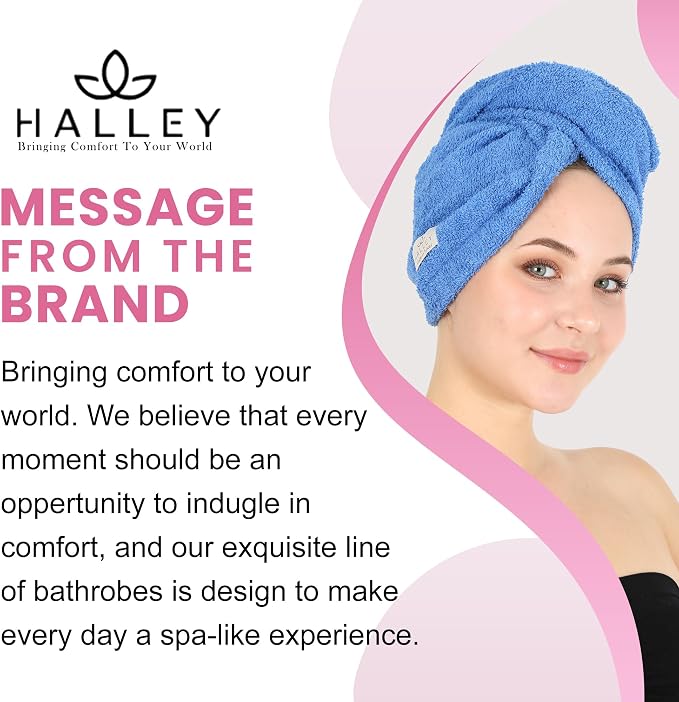 HALLEY Cotton Hair Towel Wrap (3 Packs) Super Absorbent Fast Drying Hair Towel for Thick Hair Turbans for Wet Hair with Button (Black, White, Blue)