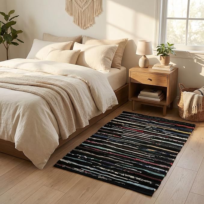 Cotton Hosiery Hand Woven Area Rug 2x3 Feet - Dark Multi, Accent Decorative Farmhouse Reversible Throw Indoor Carpet Ideal for Entryway, Kitchen, Laundry | Black Small Soft Floor Mat for Nursery
