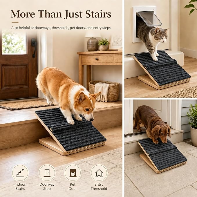 6 Pack Dog Ramp for Stairs – Solid Wood Adjustable & Foldable, 4 Heights, Non-Slip Silicone Base, Traction Felt, Raised Pause Strip, 35lb for Small & Senior Dogs