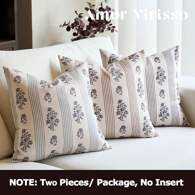Amor Virisso Floral Throw Pillow Covers 18x18 Set of 2 Block Print Pillow Covers Neutral Floral Striped Farmhouse Decorative Pillow Covers for Sofa Couch Bed, Light Blue